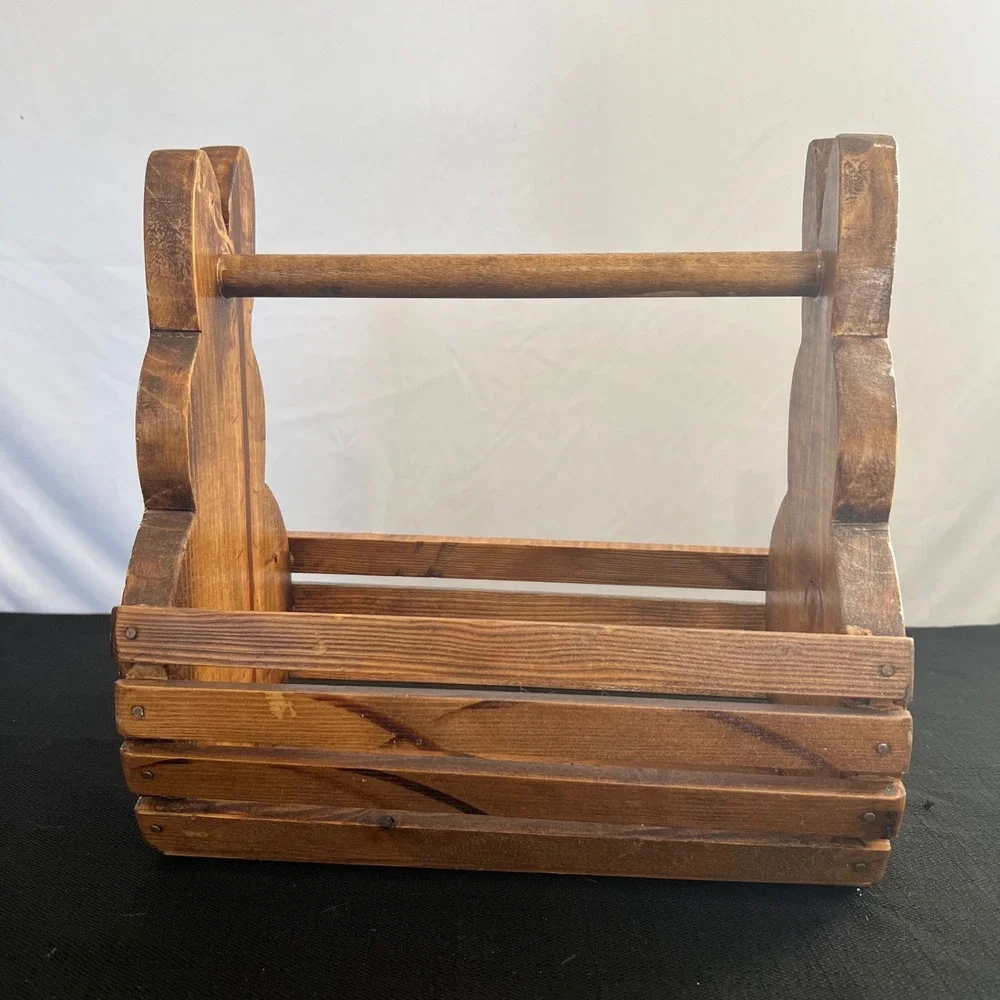 Handmade Wood Easter Bunny Basket Caddy Rustic Folk Art Hand Painted